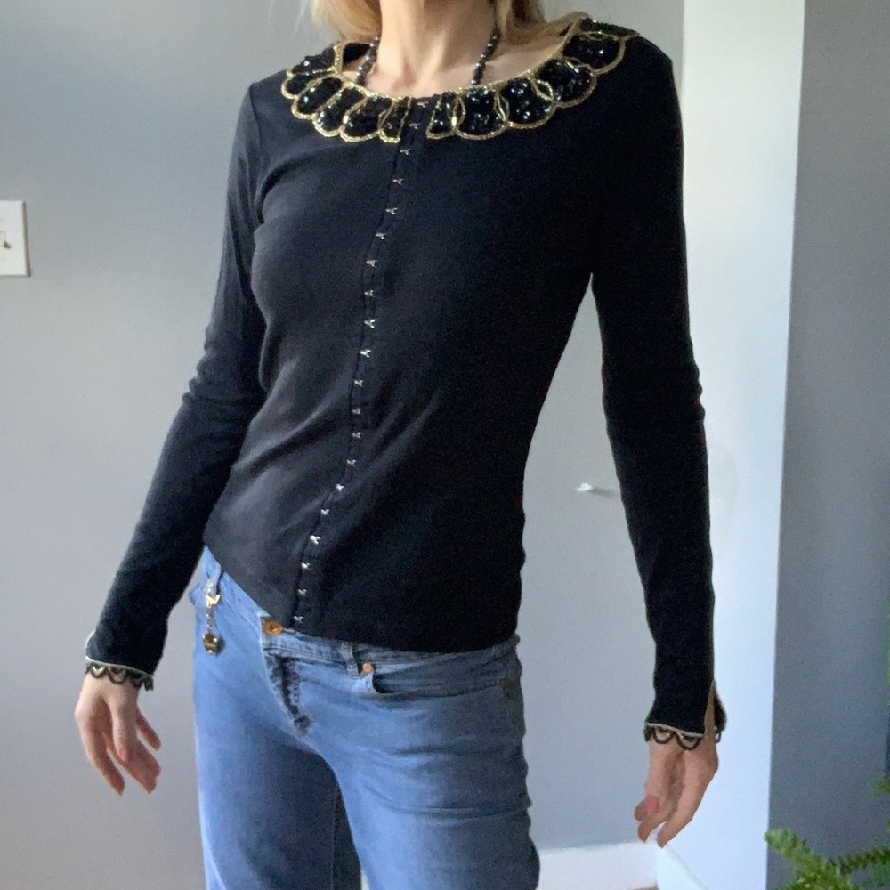 NWOT Vintage Y2K Anna Sui lingerie clasp top with Gold and black beaded Trim